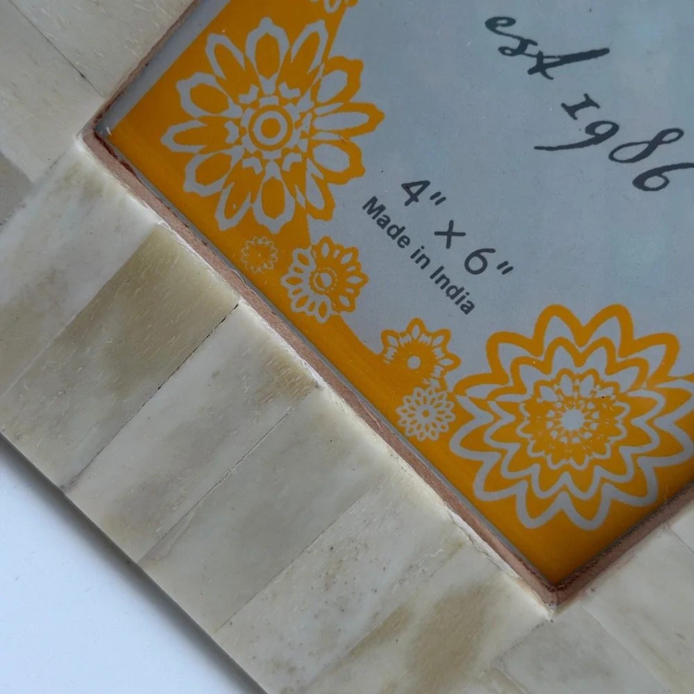 ihi Bone Inlay 4x6‎ Picture Frame Cream Ivory Striped Mosaic Boho Made in India